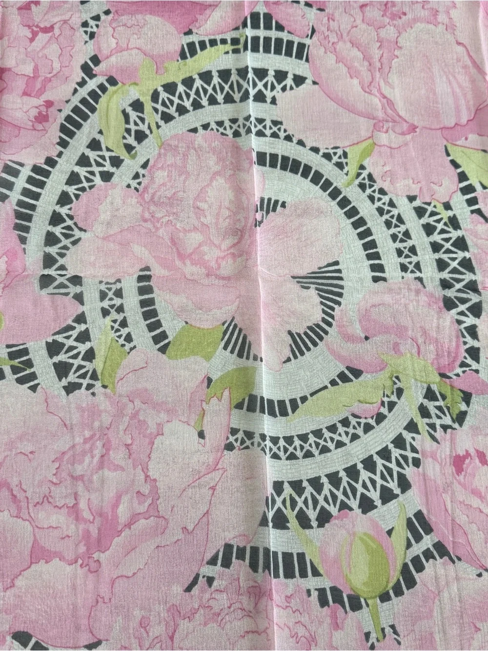 Hermes Pink Floral Silk Scarf with Black Border and Green Leaves